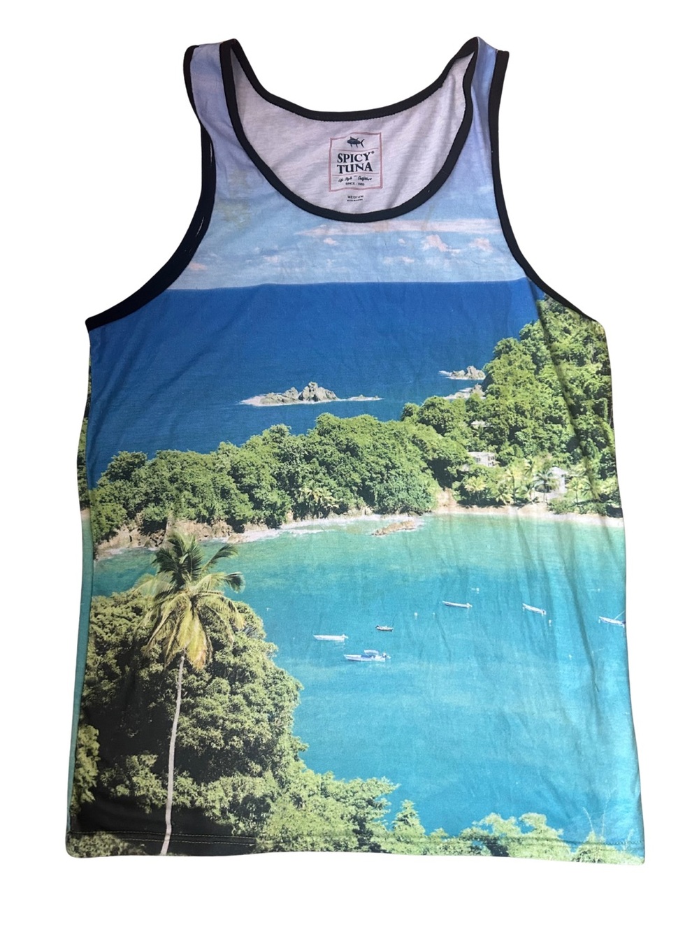 Spicy Tuna Aerial Tropical Beach Graphic Tank Top